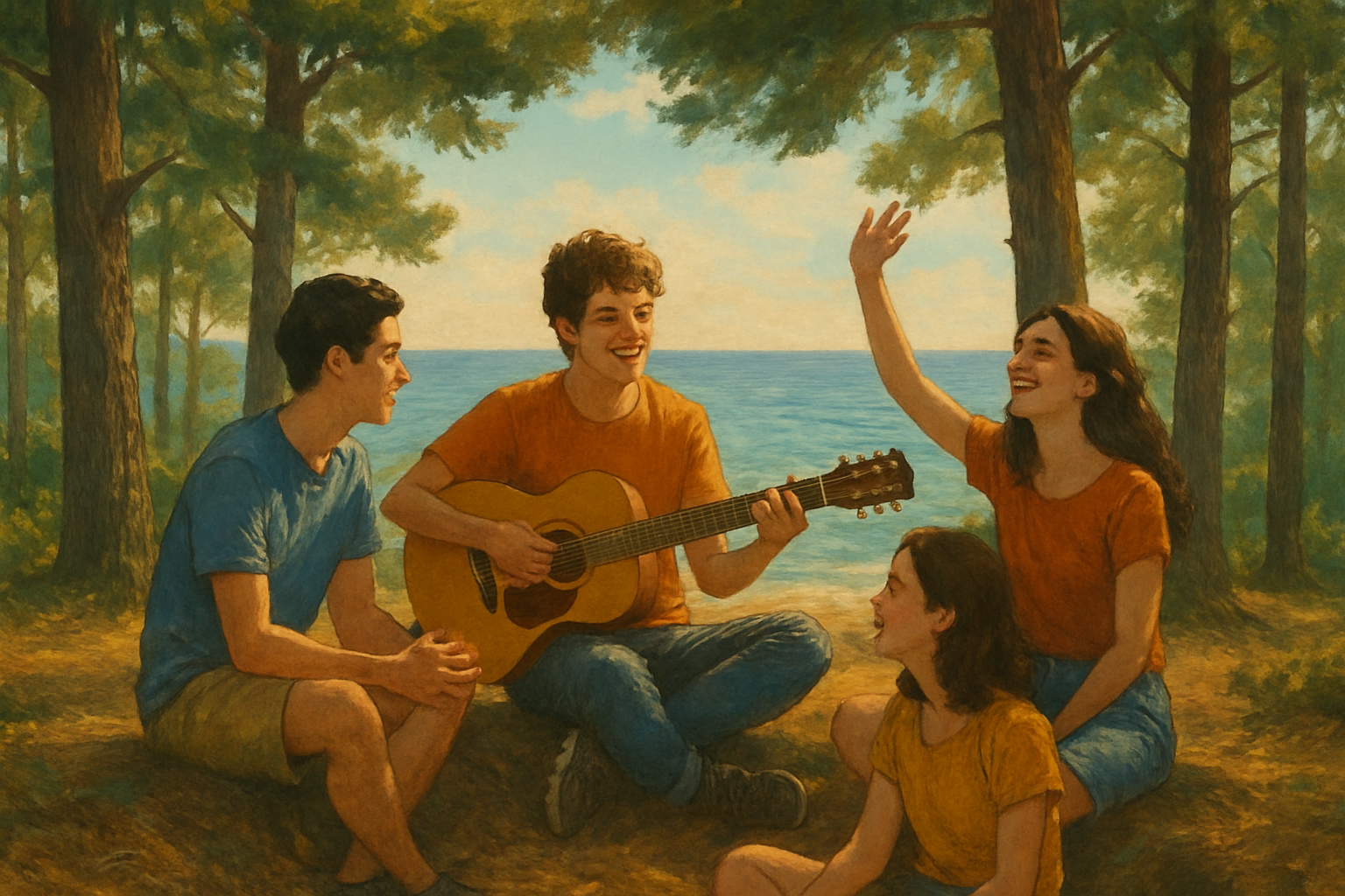 Amics gaudint de la música al bosc amb el mar de fons